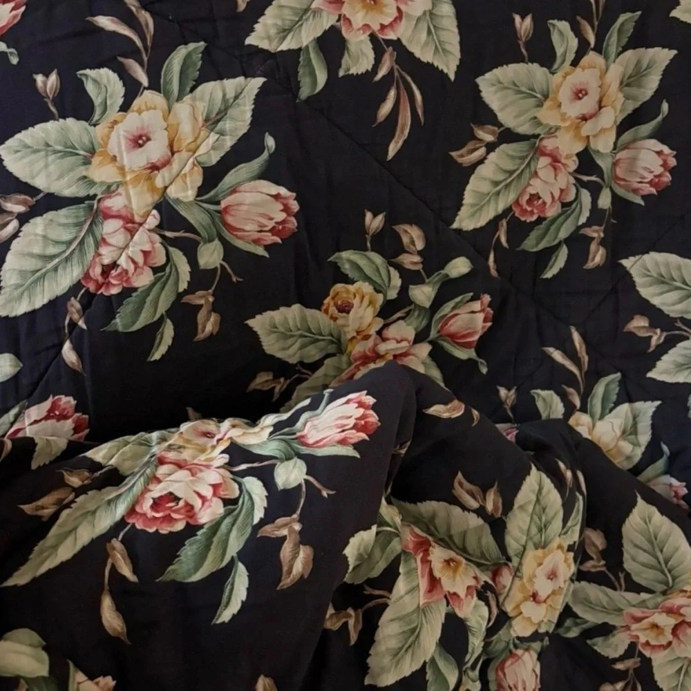 Ralph Lauren  Floral Cotton Quilt in Black with Yellow & Green Accents